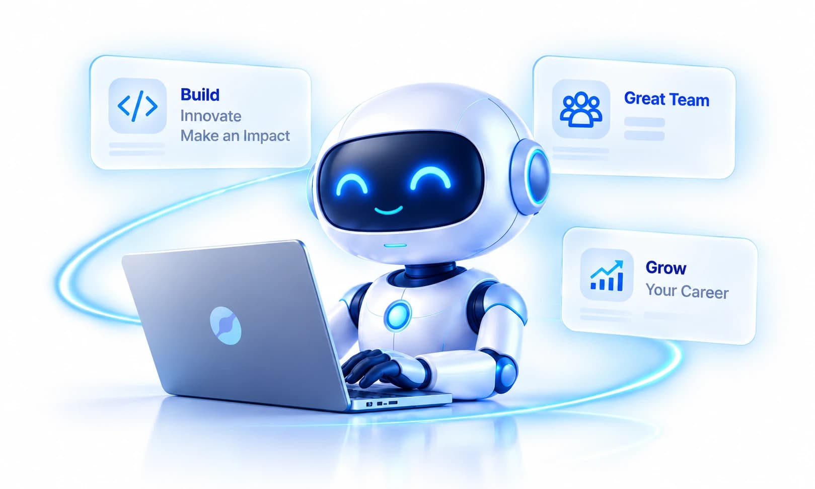 A Platformz robot working at a laptop, beside cards reading Build, Great Team and Grow Your Career