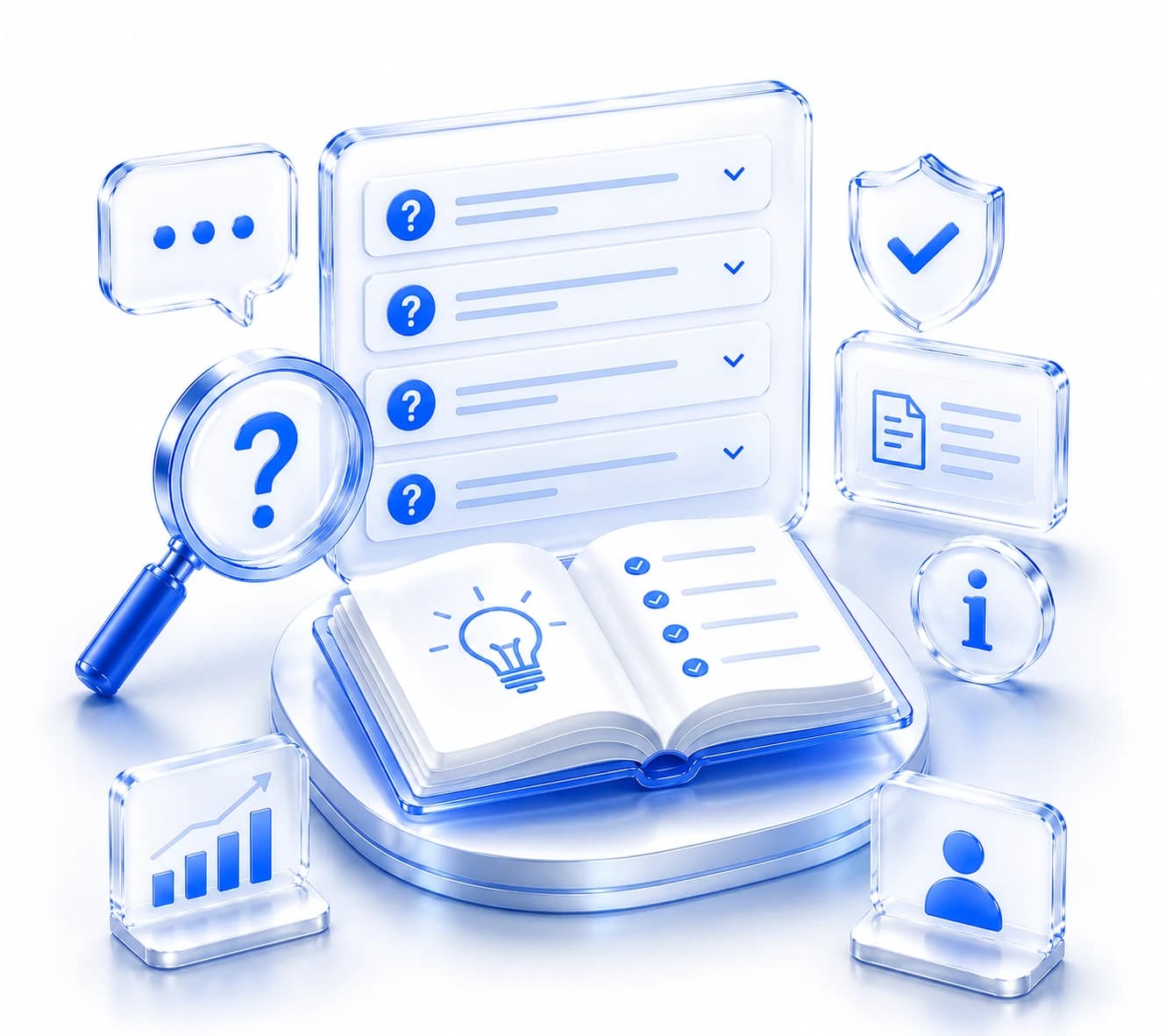 Open book of answers with question, check, and info markers