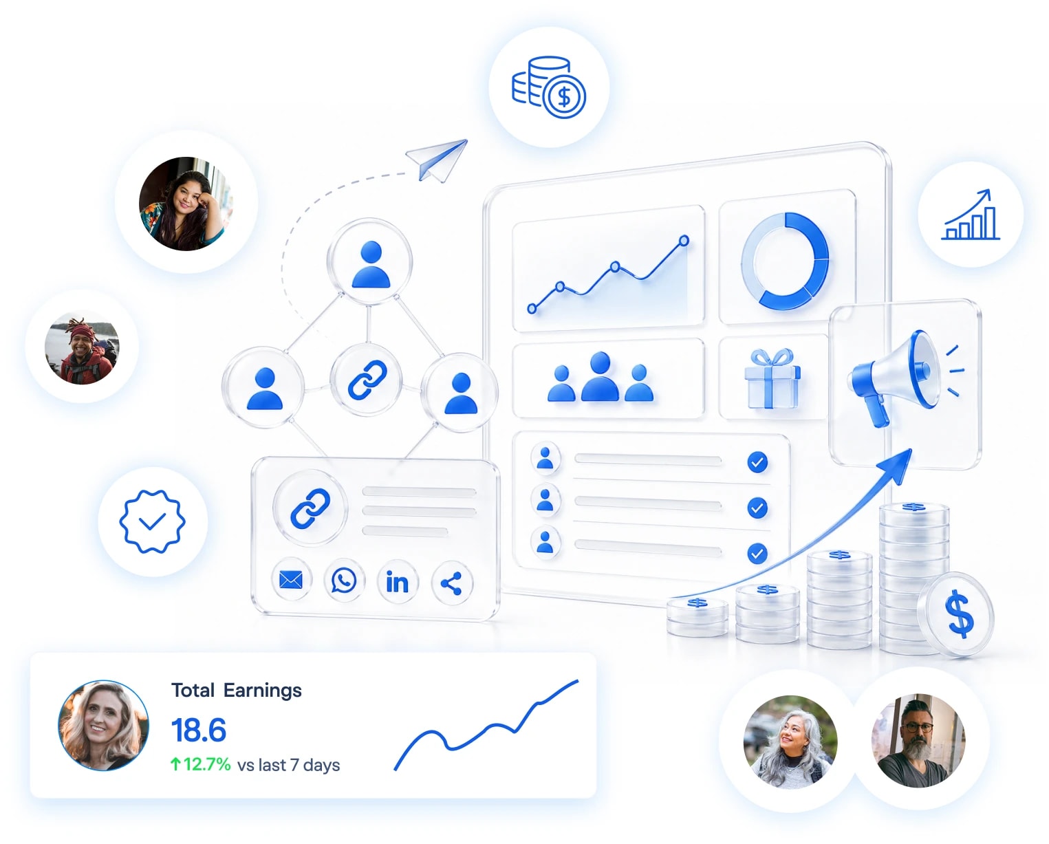Referral dashboard with a shareable tracking link, referred contacts, commission analytics, and stacked payouts
