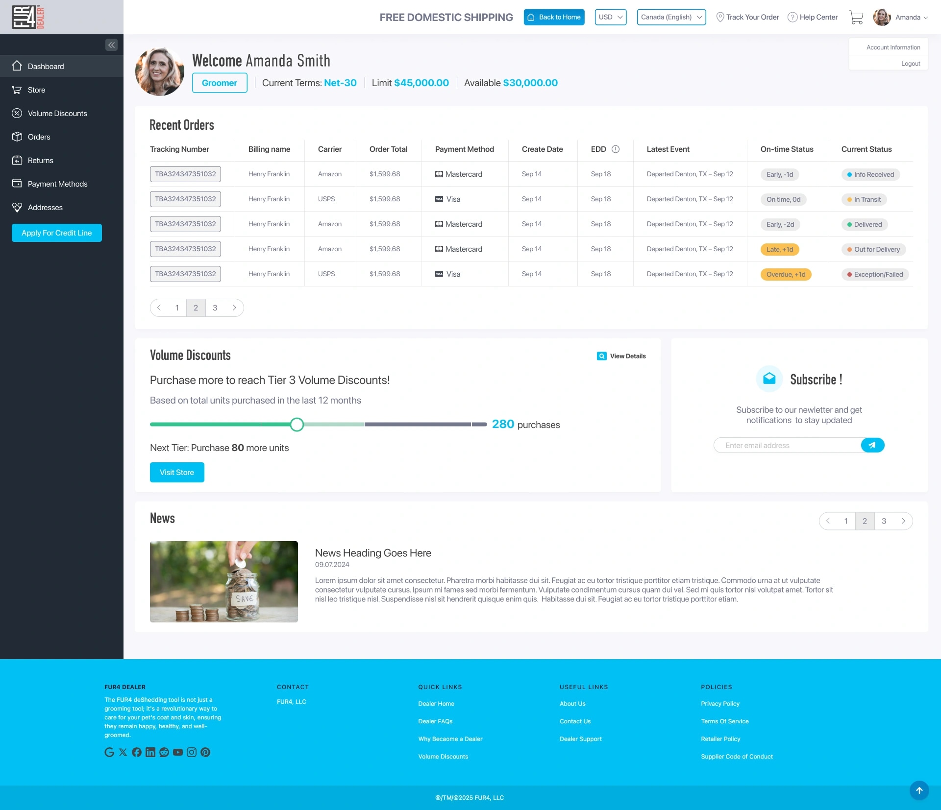 Retail partner dashboard with the account menu open