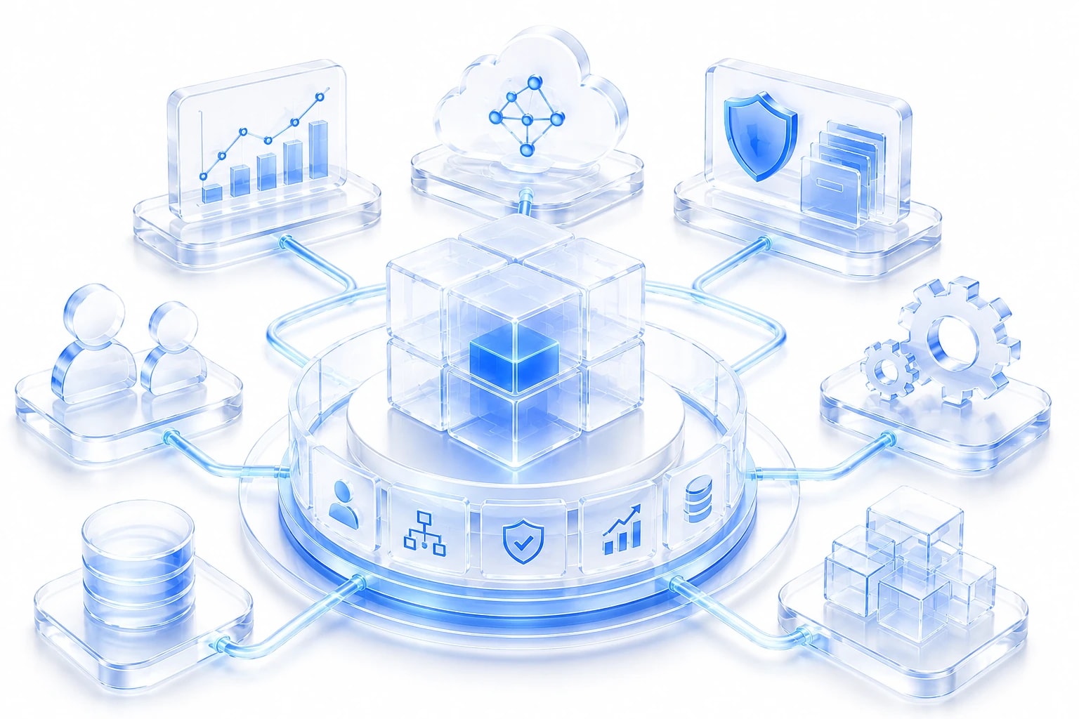 A connected operating core linking analytics, cloud services, security, identity, data stores, and automation around one shared platform