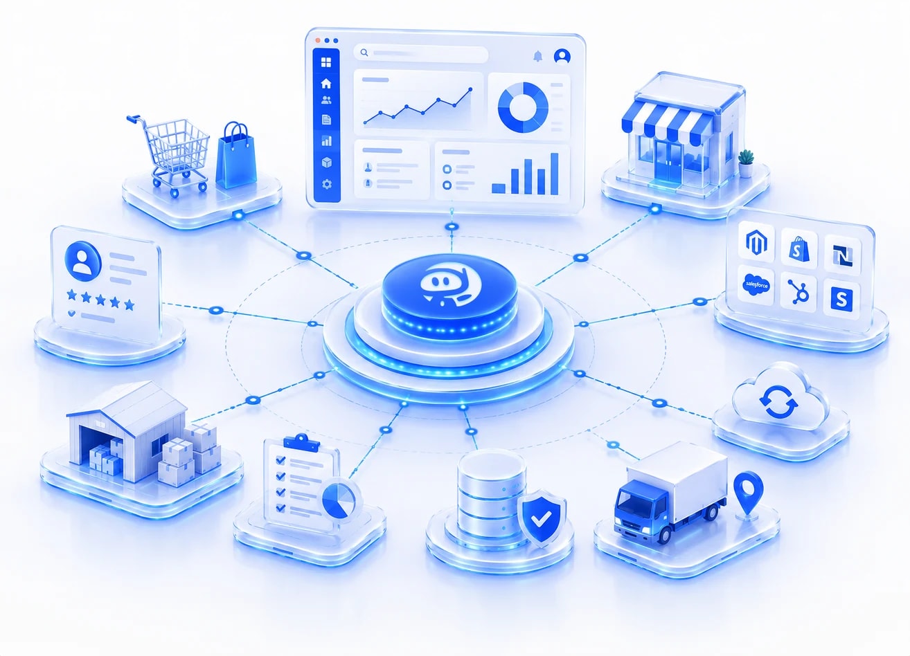An isometric view of connected commerce systems feeding one operating platform