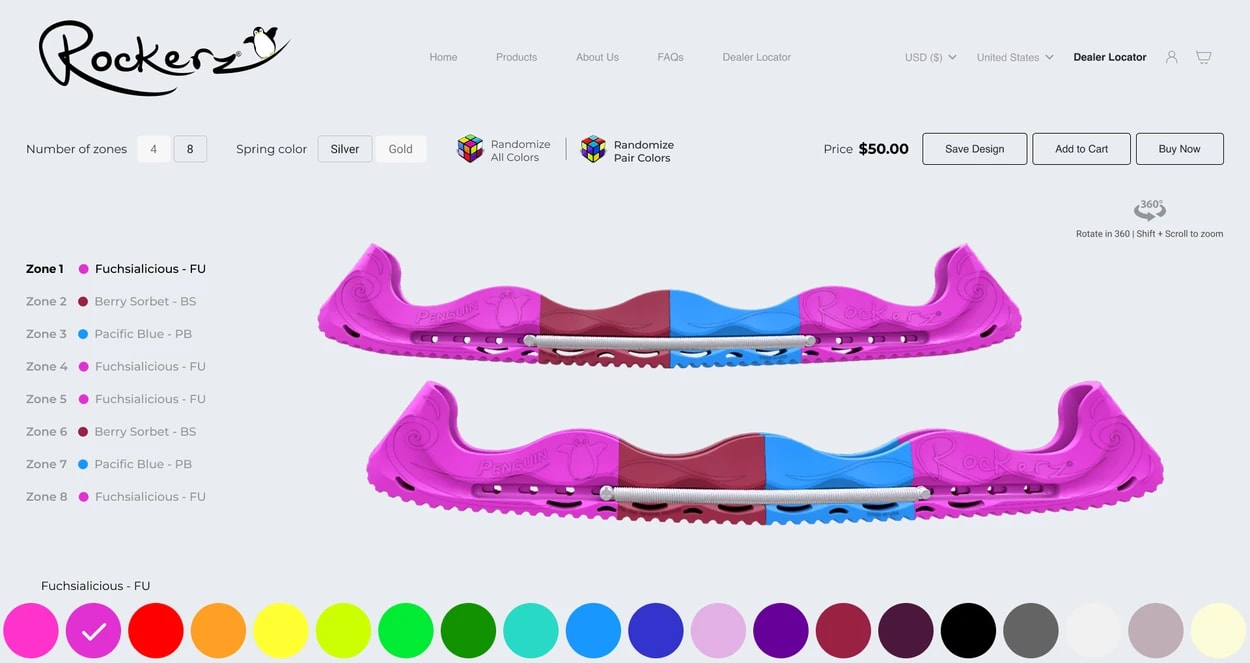 Product customizer letting a buyer set zone colours on a pair of Rockerz covers