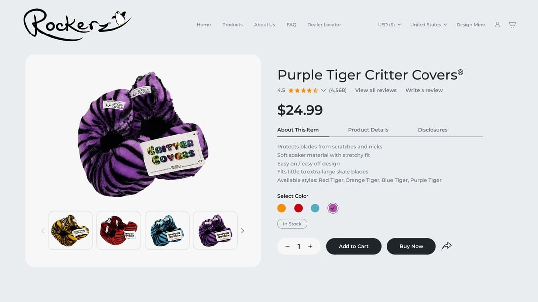 Rockerz storefront product page for Purple Tiger Critter Covers with colour options and reviews