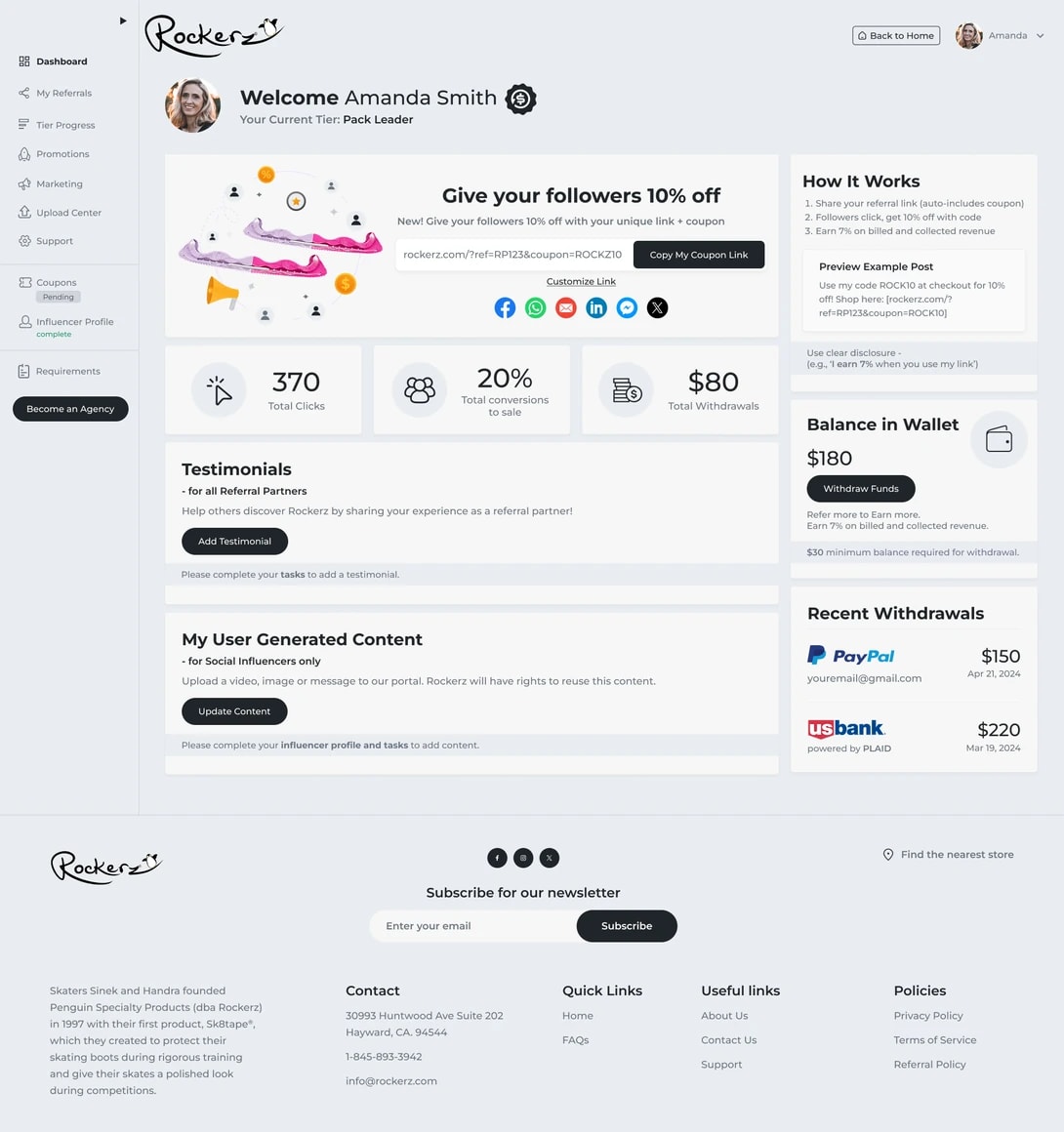 Referral partner portal with follower rewards, testimonials, wallet balance, and recent withdrawals