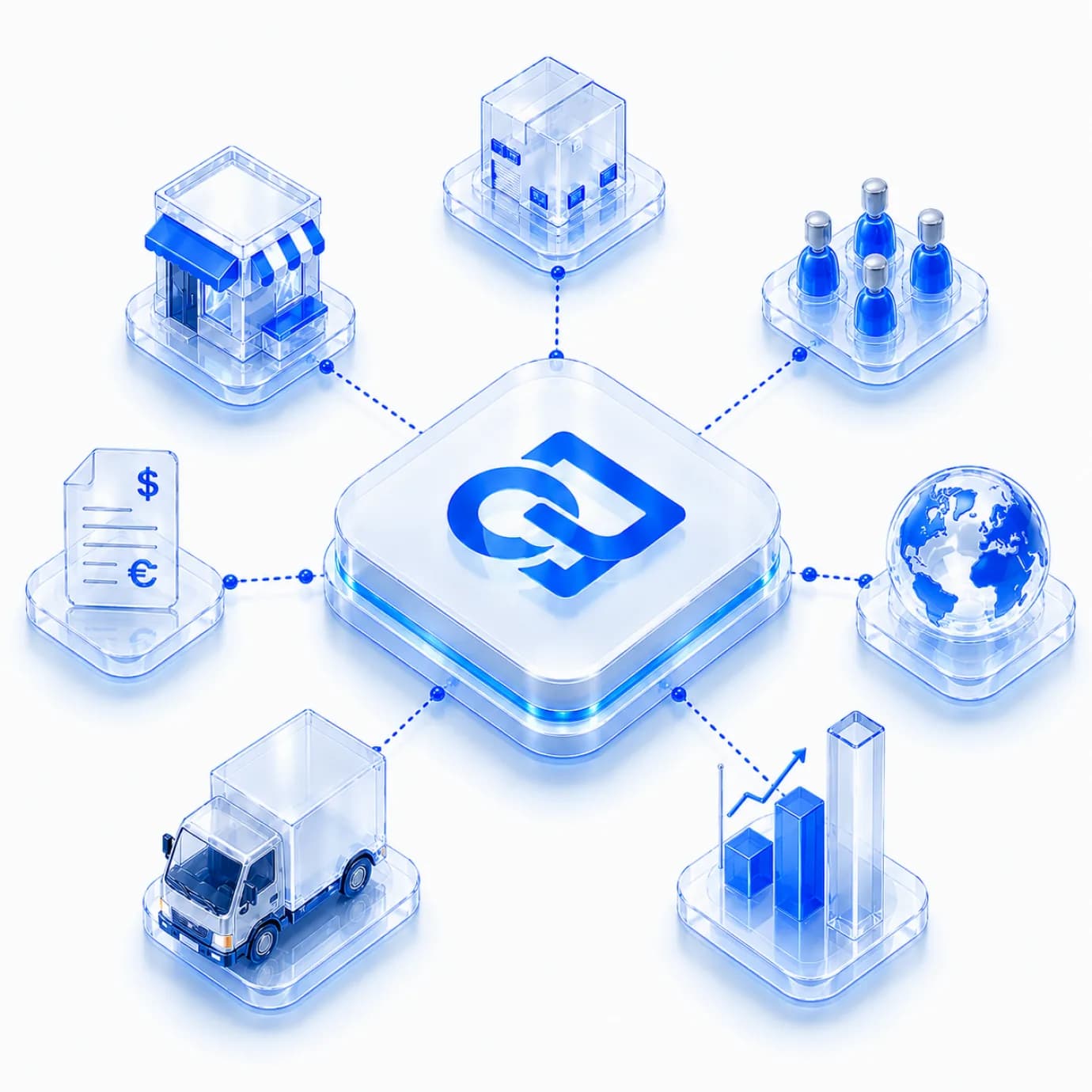 An isometric view of commerce, inventory, partners, distribution, finance, logistics, and intelligence connected to one platform