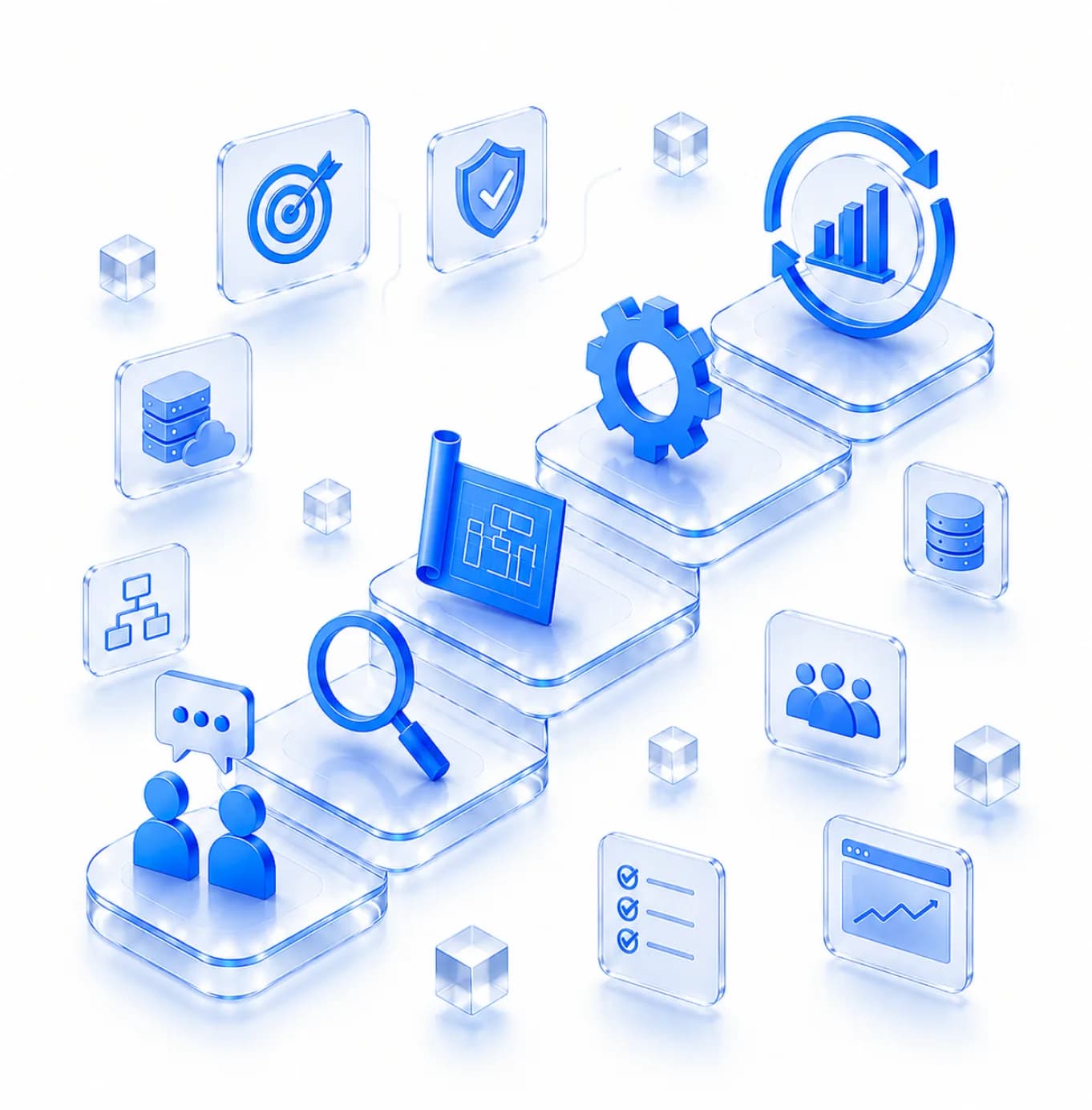 An isometric flight of glass steps carrying targets, blueprints, dashboards and team icons