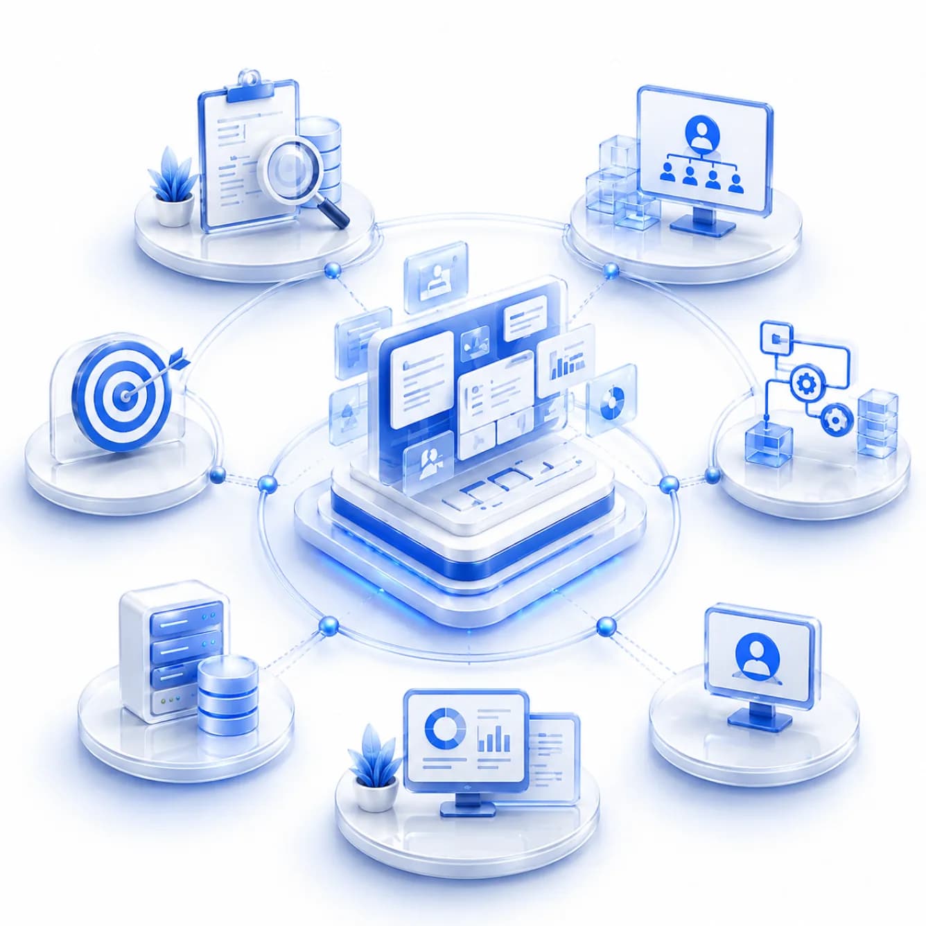 An isometric cluster of dashboards, records and workspace screens resting on one shared platform base