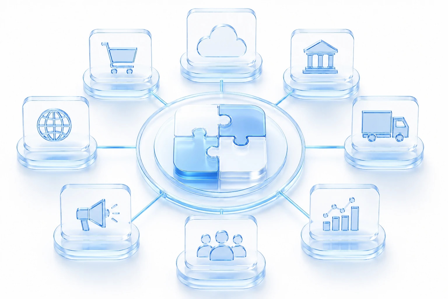 Nine glass tiles for commerce, cloud, finance, freight, data, marketing, and community ringed around a shared platform core