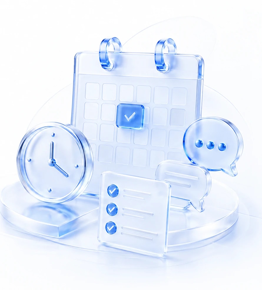 Scheduling illustration with calendar, clock, and checklist