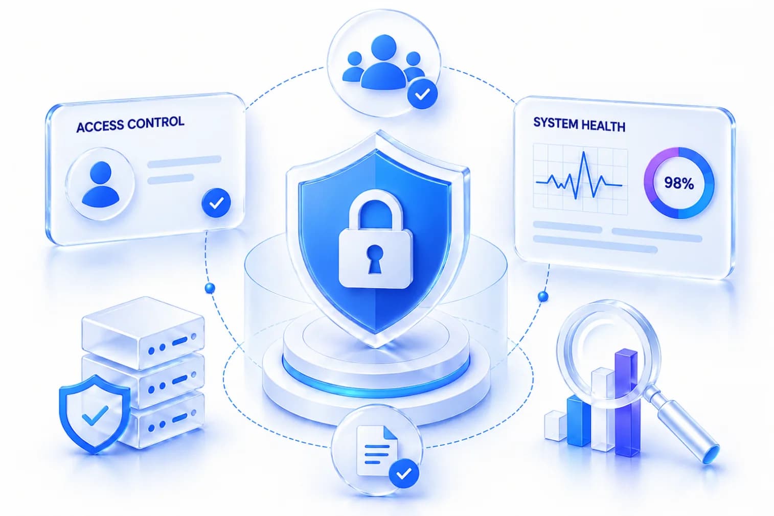 A shield and padlock at the centre of access control, identity, and system health panels